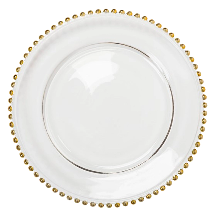 Alt Bajoplato transparente con detalles Perlas Oro Para Eventos EME Mobiliario