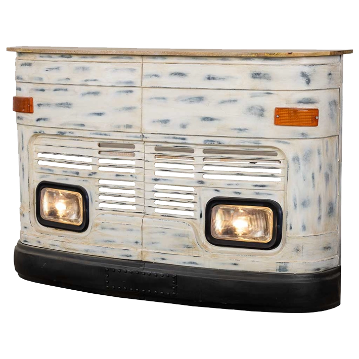 Alt Barra Decorativa Furgoneta De Color Blanco fabricada Madera y Metal, ideal para para eventos, hostelería y uso particular EME Mobiliario