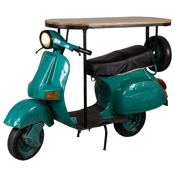 Alt Barra Decorativa En Forma Vespa con acabado en Verde fabricada en madera y metal, ideal para eventos con temática EME Mobiliario