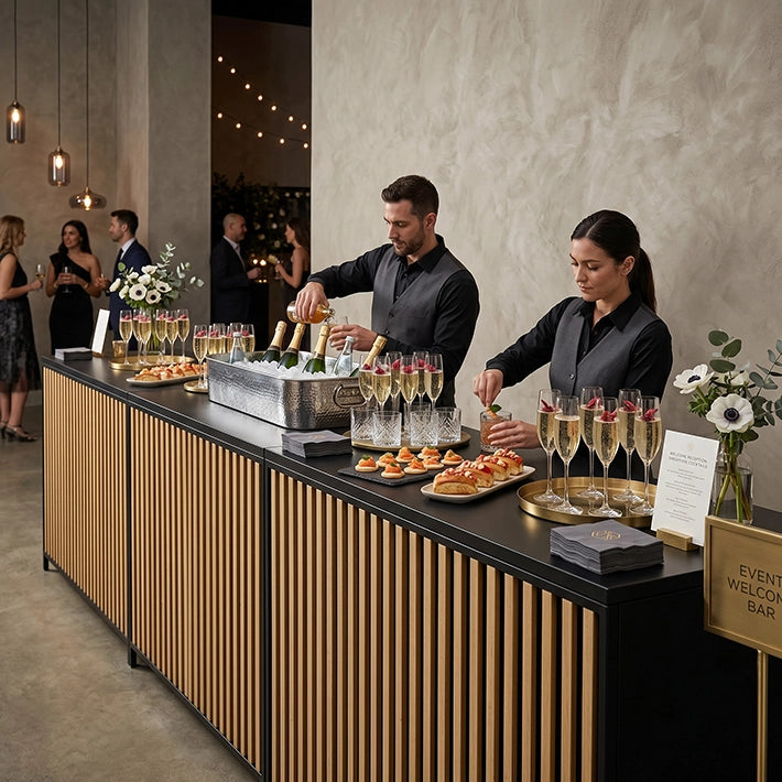 Alt Barras de Bar Plegables para eventos de color negro con listones de madera EME Mobiliario