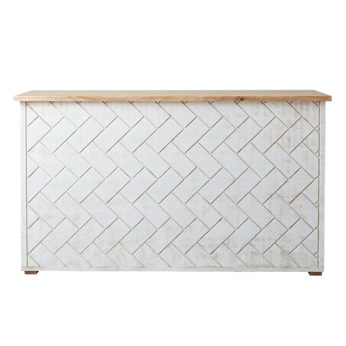 Alt Barra de Madera Plegable Mileto fabricada en madera de pino con un bonito diseño de espiga en color blanco vintage ideal para eventos y hostelería EME Mobiliario