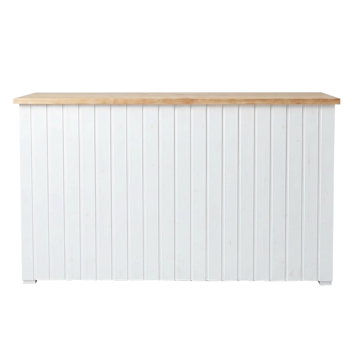Alt Barra de Madera Plegable Olimpia fabricada en madera de pino con frontal de listones verticales en color blanco y tablero en color madera EME Mobiliario 