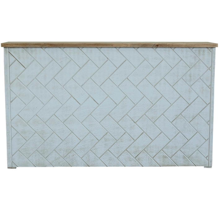 Alt Barra de Madera Plegable Mileto fabricada en madera de pino con un bonito diseño de espiga en color blanco vintage ideal para eventos y hostelería EME Mobiliario