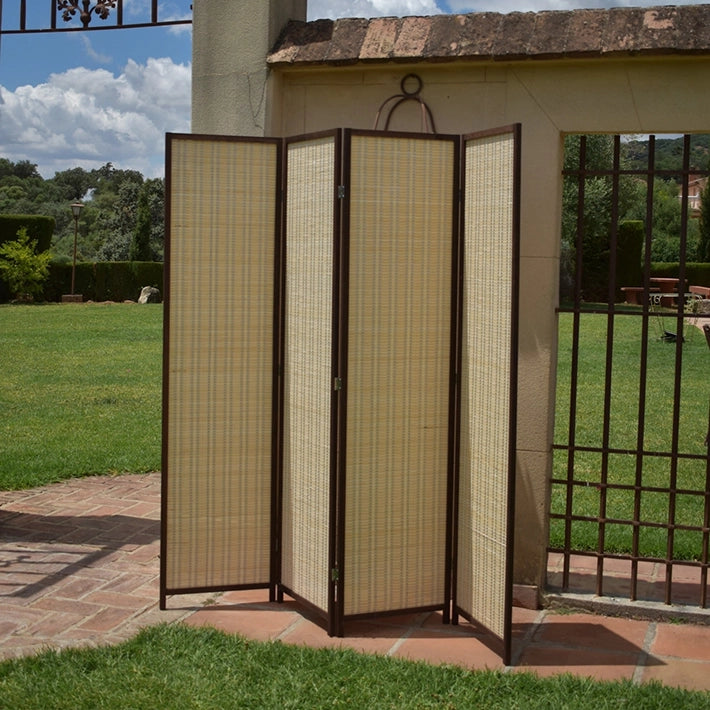Alt Biombo Marco Nogal de 4 paneles. Separador de ambientes de mimbre. EME Mobiliario