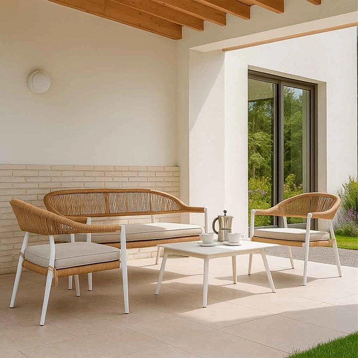 Conjunto Jardín Ratán Marrón Y Blanco