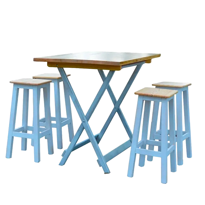 Alt Conjuntos Plegables de Madera de una mesa con cuatro taburetes con tablero de madera EME Mobiliario