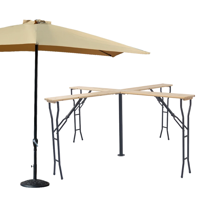 Alt conjunto compuesto por Mesa Plegable Cervecera en Cruz y Sombrilla Cuadrada Camel 3x3 para que tus clientes puedan disfrutar de una agradable velada en la zona exterior de tu negocio EME Mobiliario 