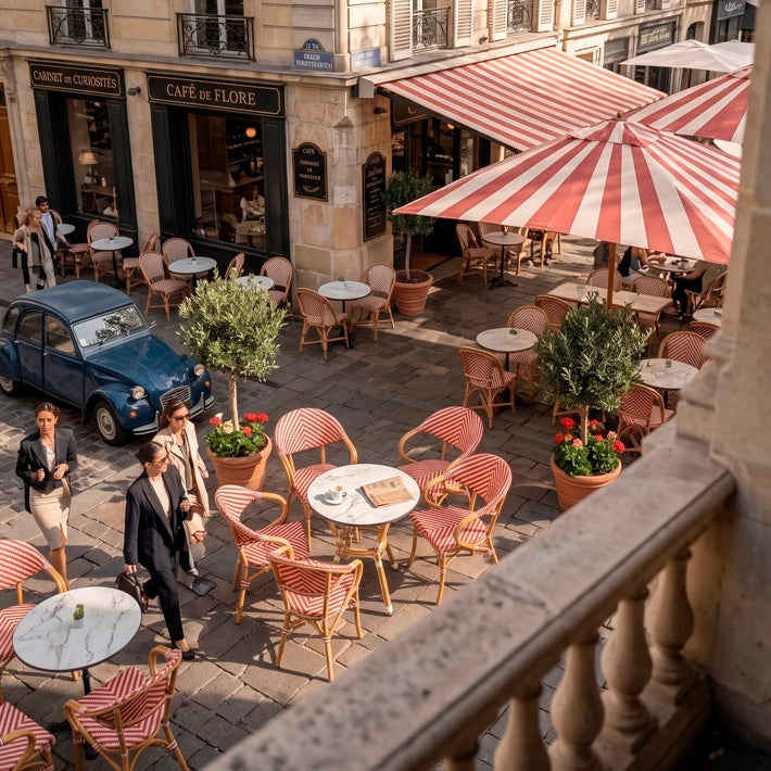 Conjunto formado por Mesa París, base y tapa de mesa mármol blanca de HPL, y 4 sillones París Rojos apto para uso intensivo