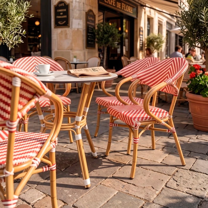 Conjunto formado por Mesa París, base y tapa de mesa mármol blanca de HPL, y 4 sillones París Rojos apto para uso intensivo