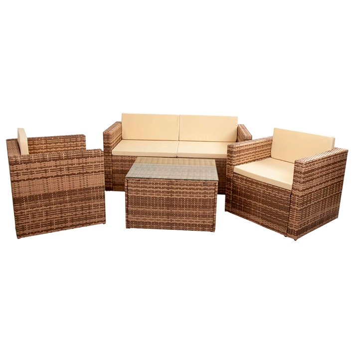 Alt Conjunto Ratán Sintético en color marrón natural compuesto por una mesa, dos sillones y un sofá