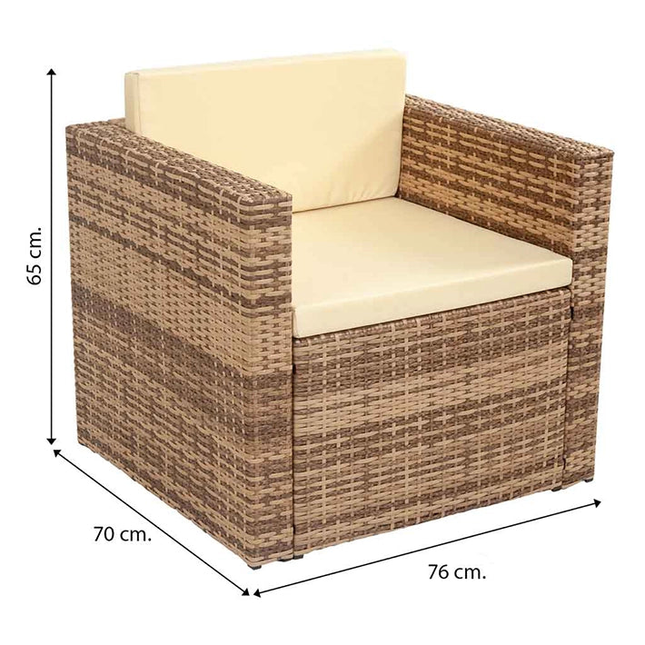 Alt Conjunto Ratán Sintético en color marrón natural compuesto por una mesa, dos sillones y un sofá