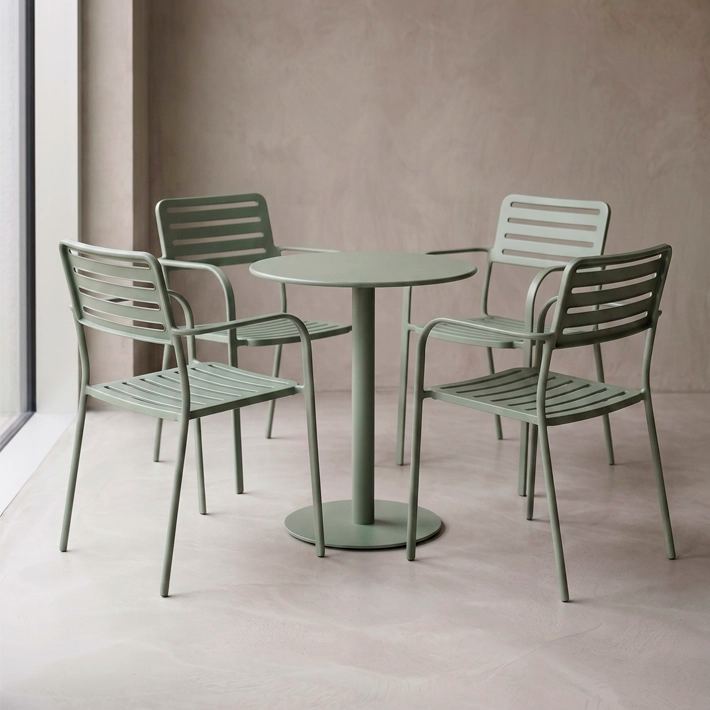 Conjunto Olbia formado por cuatro sillas y una mesa, fabricado en acero perfecto para usar en el exterior