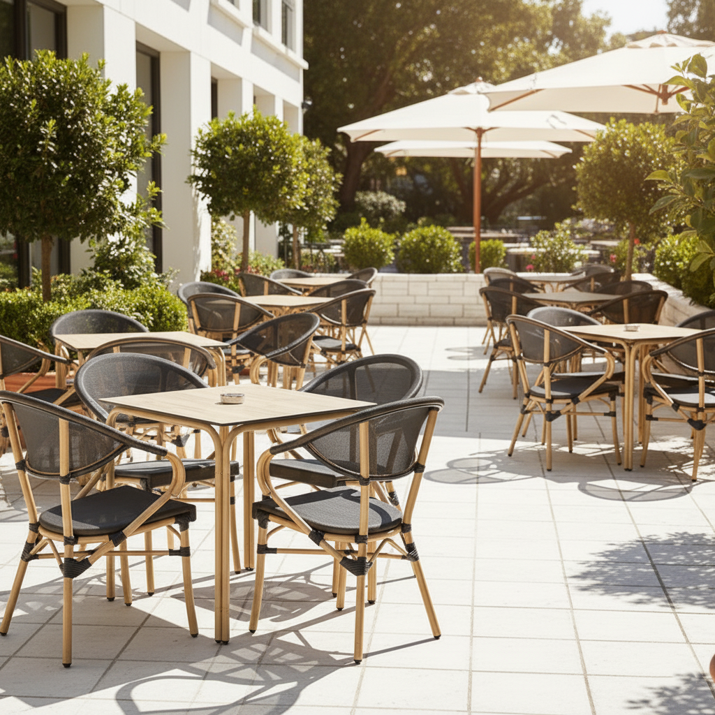 Alt Conjuntos de mesa + 4 sillones Nantes diseñados para uso profesional e intensivo en el sector de la hostelería EME Mobiliario