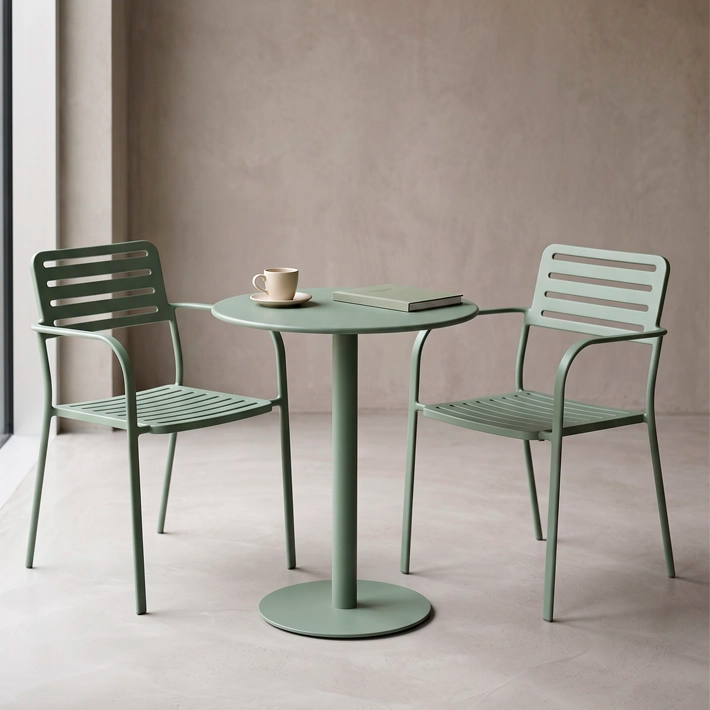 Conjunto Olbia formado por dos sillas y una mesa, fabricado en acero perfecto para usar en el exterior