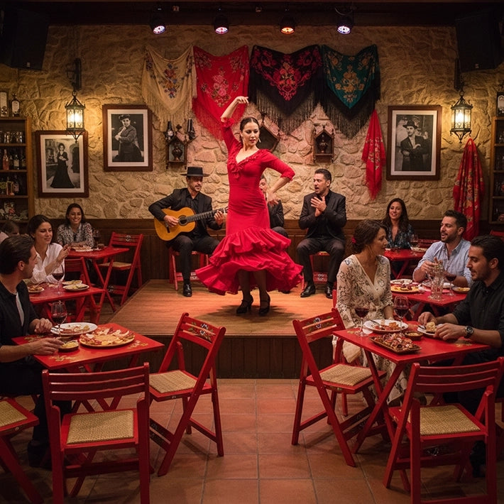 Alt Juego Sevillano Rojo compuesto por una mesa y cuatro sillas, fabricado en madera con un diseño plegable perfecto para el uso intensivo profesional