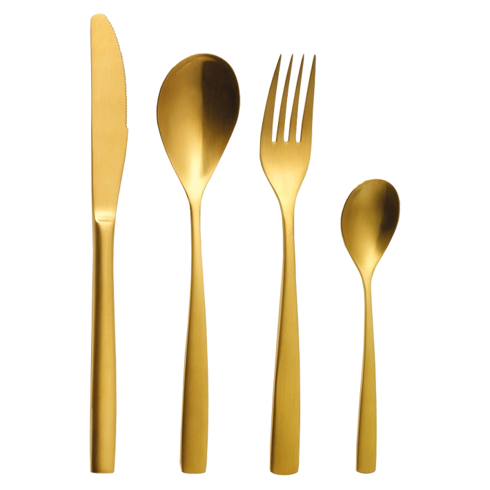 Alt Cubertería fabricada en acero inoxidable 18/0, libre de níquel de color oro, compuesta por 120 piezas EME Mobiliario