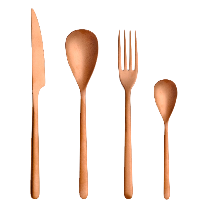 Alt Cubertería fabricada en acero inoxidable 18/0 libre de níquel de color cobre, compuesta por 120 piezas EME Mobiliario