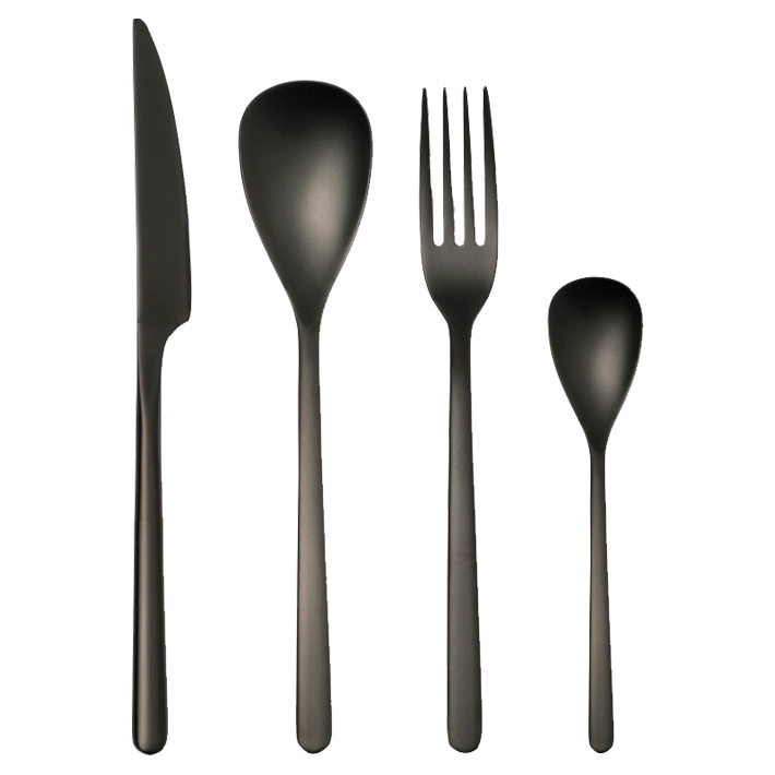 Alt Cubertería fabricada en acero inoxidable 18/0 libre de níquel de color negro, compuesta por 120 piezas EME Mobiliario