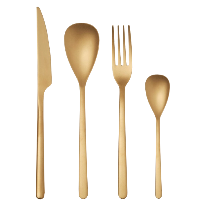 Alt Cuberteria fabricada en acero inoxidable 18/0 libre de níquel de color oro, compuesta por 120 piezas EME Mobiliario