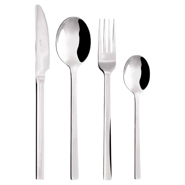 Alt Cubertería completa fabricada en acero inoxidable 18% libre de níquel, presenta un acabado en espejo. Ideal para su uso en eventos y hostelería EME Mobiliario