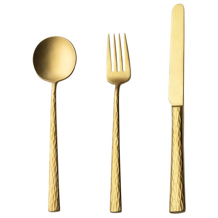 Alt Cubertería Kyoshi Vintage Gold fabricada en acero inoxidable 18/0 con un bonito acabado oro mate ideal para el uso intensivo profesional EME Mobiliario 