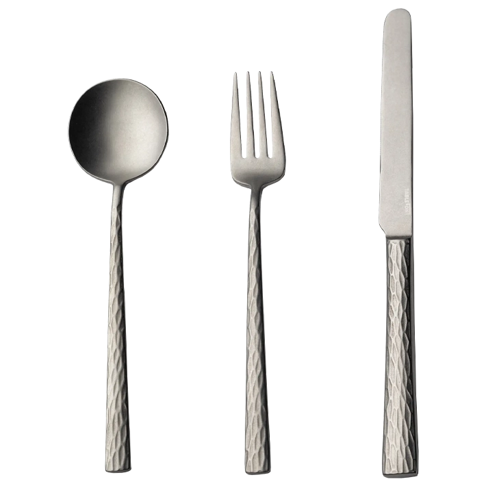 Alt Cubertería Kyoshi Vintage fabricada en acero inoxidable 18/0 con un original diseño y un acabado envejecido ideal para el uso intensivo profesional EME Mobiliario 