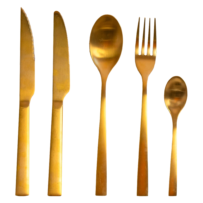 Alt Cubertería Lisboa Oro fabricada en acero inoxidable 18/10 con un bonito acabado PVD oro satinado ideal para el uso intensivo profesional EME Mobiliario 