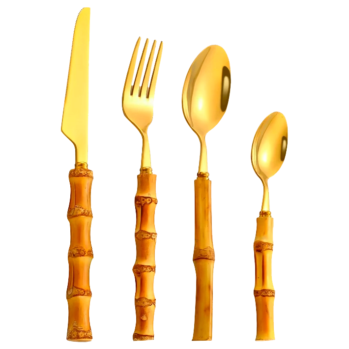 Alt Cubertería Bambú Dorada fabricada en acero inoxidable 18% y bambú natural, para eventos y hostelería EME Mobiliario