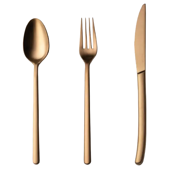 Alt Cuberteria Nature Matt Copper fabricada en acero inoxidable 18/0 con un acabado cobre envejecido ideal para eventos y hostelería EME Mobiliario 