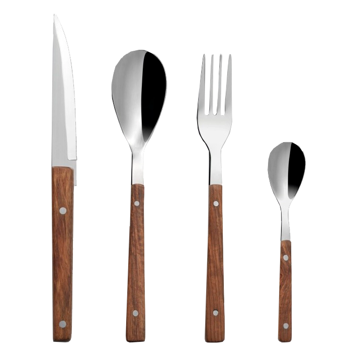 Alt Cubertería completa con mango de madera fabricada en acero inoxidable 18/10, con níquel. Ideal para eventos y hostelería EME Mobiliario