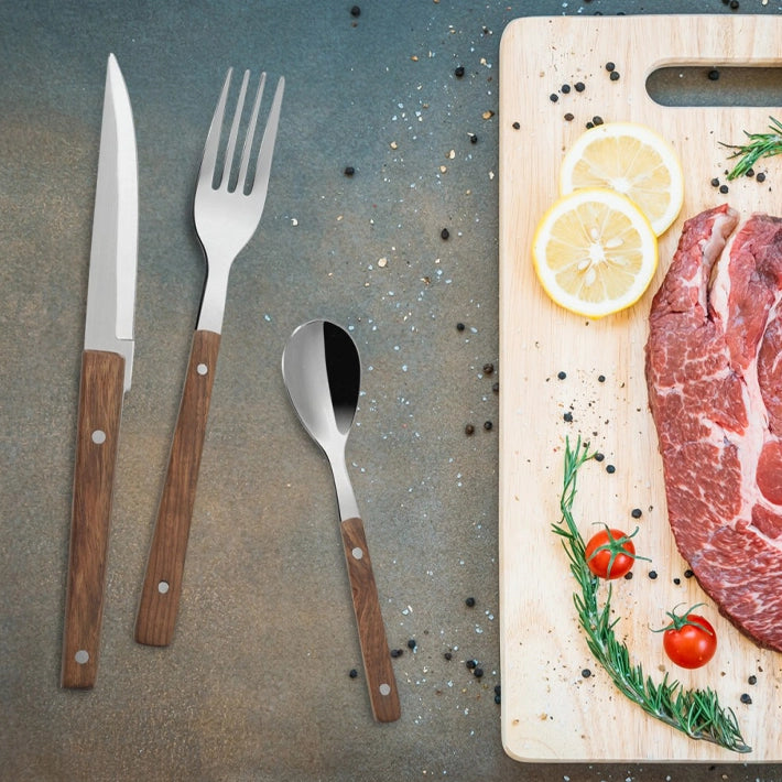 Alt Cubertería completa con mango de madera fabricada en acero inoxidable 18/10, con níquel. Ideal para eventos y hostelería EME Mobiliario