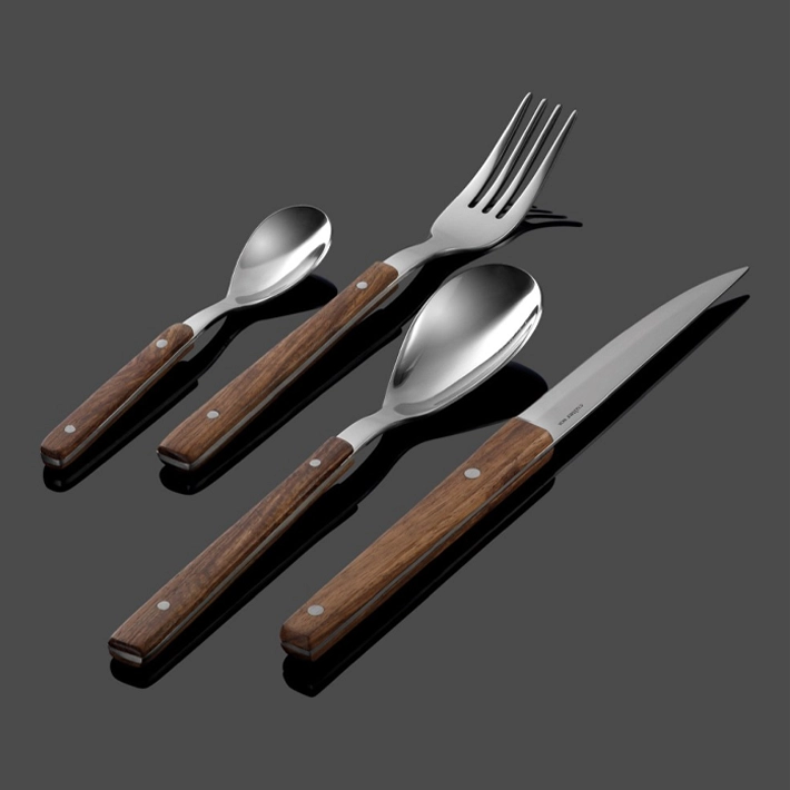 Alt Cubertería completa con mango de madera fabricada en acero inoxidable 18/10, con níquel. Ideal para eventos y hostelería EME Mobiliario