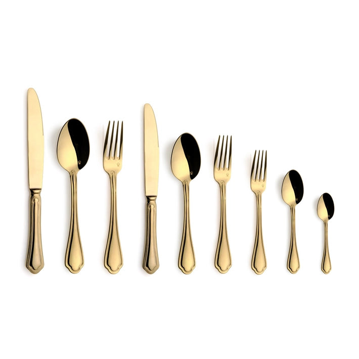 Alt Cubertería completa fabricada en acero inoxidable y níquel con un acabado de espejo dorado para combinar en tus mejores mesas EME Mobiliario