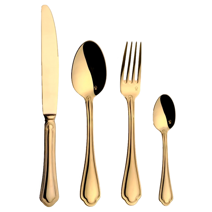 Alt Cubertería completa fabricada en acero inoxidable y níquel con un acabado de espejo dorado para combinar en tus mejores mesas EME Mobiliario