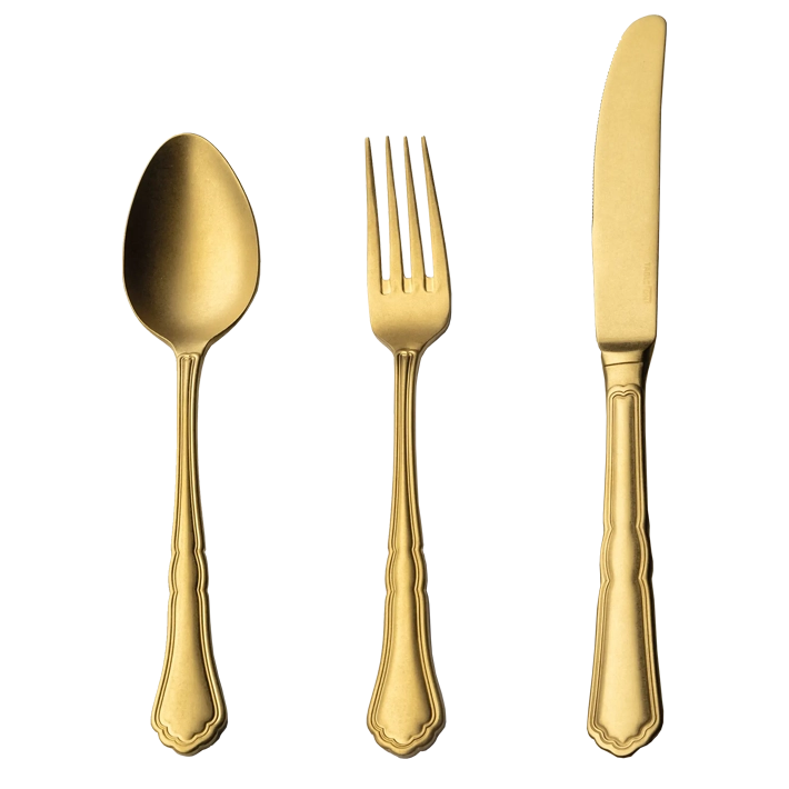 Alt Cubertería Vintage Gold fabricada en acero inox 18/0 con un bonito acabado gold para eventos y establecimientos de hostelería EME Mobiliario 