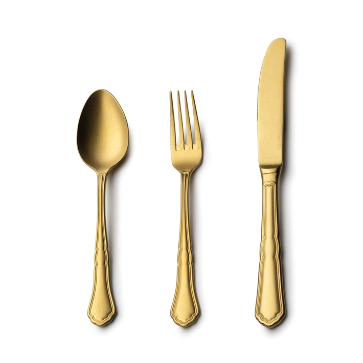 Alt Cubertería Vintage Gold fabricada en acero inox 18/0 con un bonito acabado gold para eventos y establecimientos de hostelería EME Mobiliario 