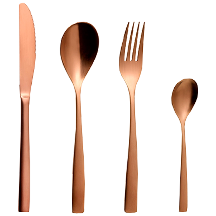 Alt Cubertería fabricada en acero inoxidable 18/0, libre de níquel de color cobre, compuesta por 120 piezas EME Mobiliario