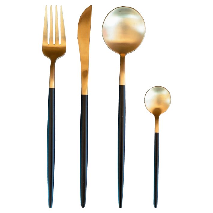 Alt Set de Cubertería con un diseño vintage con acabado dorado y negro compuesta por 24 piezas fabricado de acero inoxidable EME Mobiliario