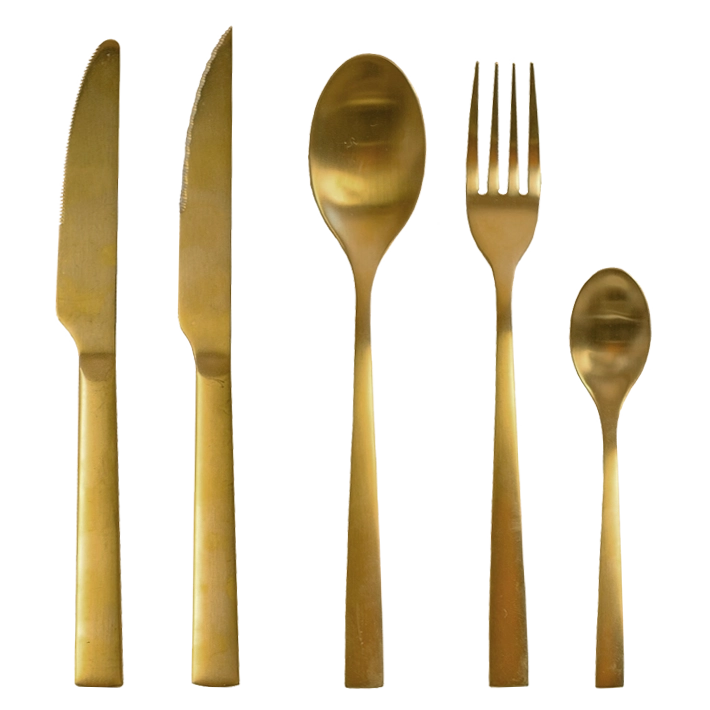 Cubertería Lisboa Oro fabricada en acero inoxidable 18/10 con un bonito acabado PVD oro satinado ideal para el uso intensivo profesional