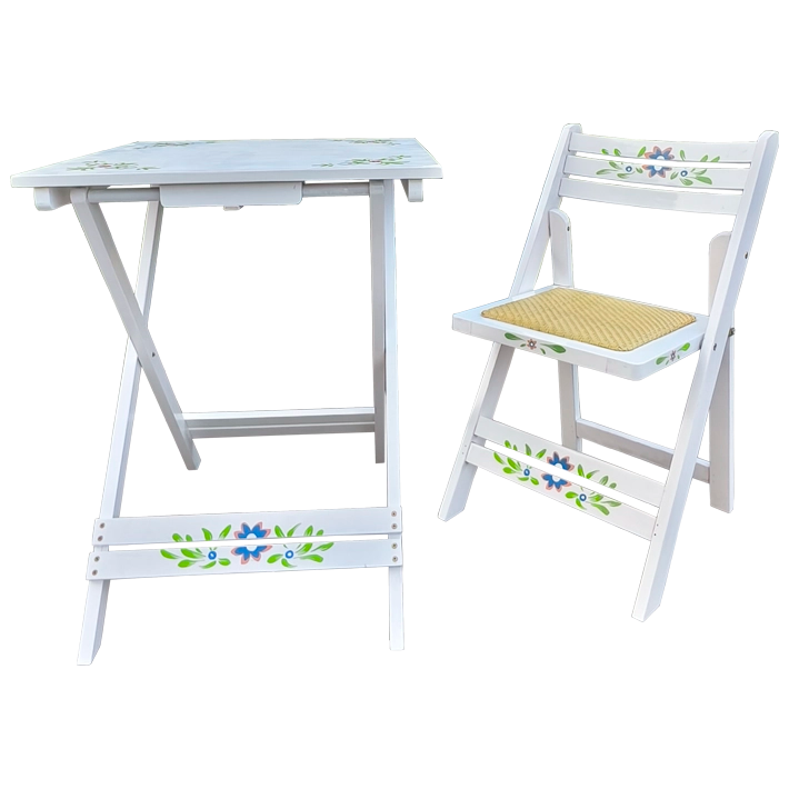 Alt Juego Sevillano Blanco compuesto por 1 mesa y 4 sillas de madera plegables ideal para el uso intensivo profesional