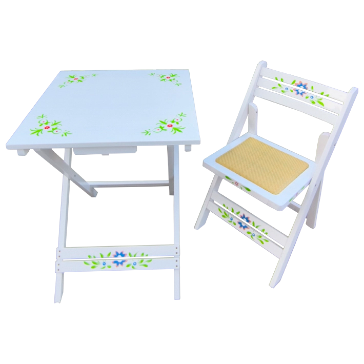 Alt Juego Sevillano Blanco compuesto por 1 mesa y 4 sillas de madera plegables ideal para el uso intensivo profesional