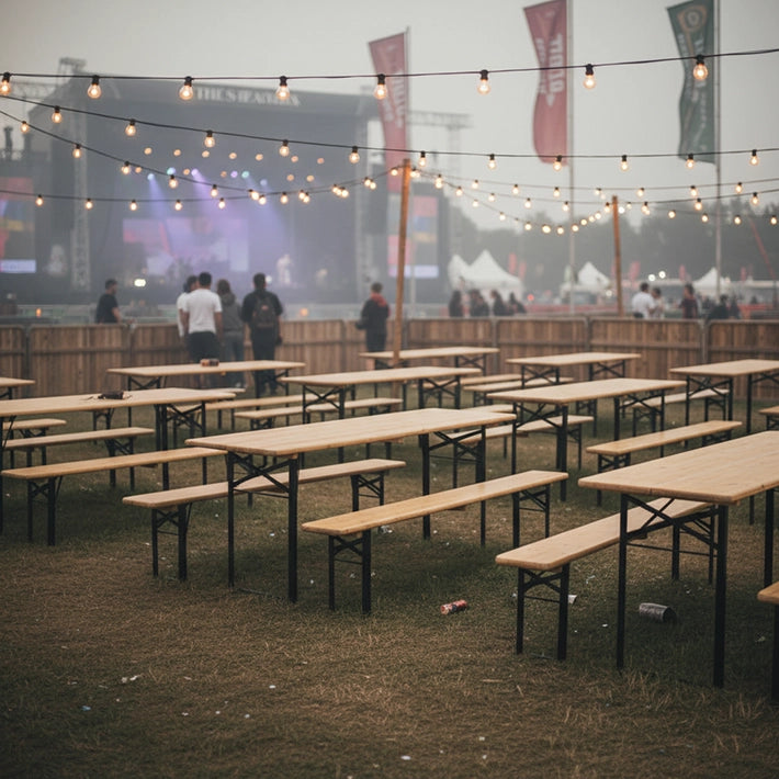 Alt Juegos Cerveceros compuesto por mesa y dos bancos plegables Para Eventos, Festivales EME Mobiliario