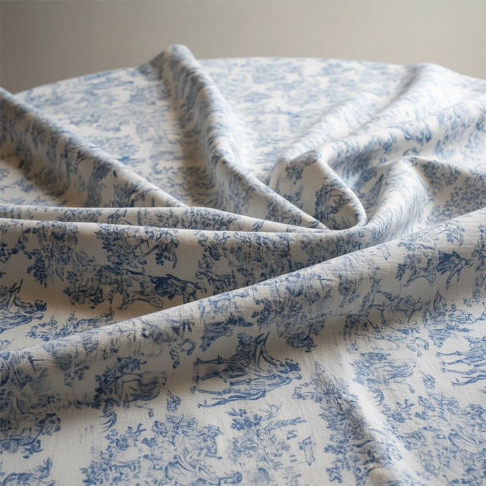 Alt Manteles Estampados con diseños Toile de Jouy en color azul para Hostelería EME Mobiliario