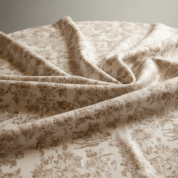 Alt Manteles Estampados con diseños Toile de Jouy en color arena EME Mobiliario