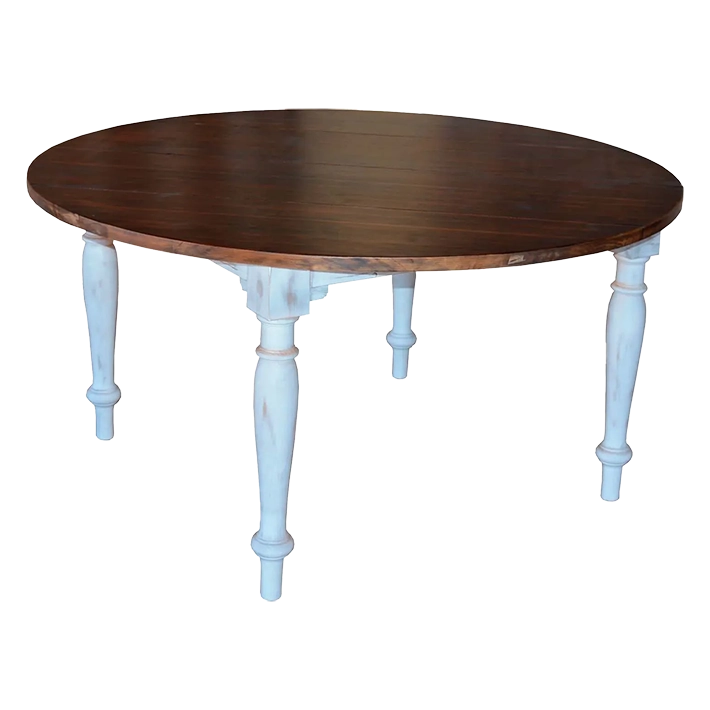 Alt Mesa de Madera de estilo rústico redonda con patas blanco envejecido y tapa madera nogal EME Mobiliario