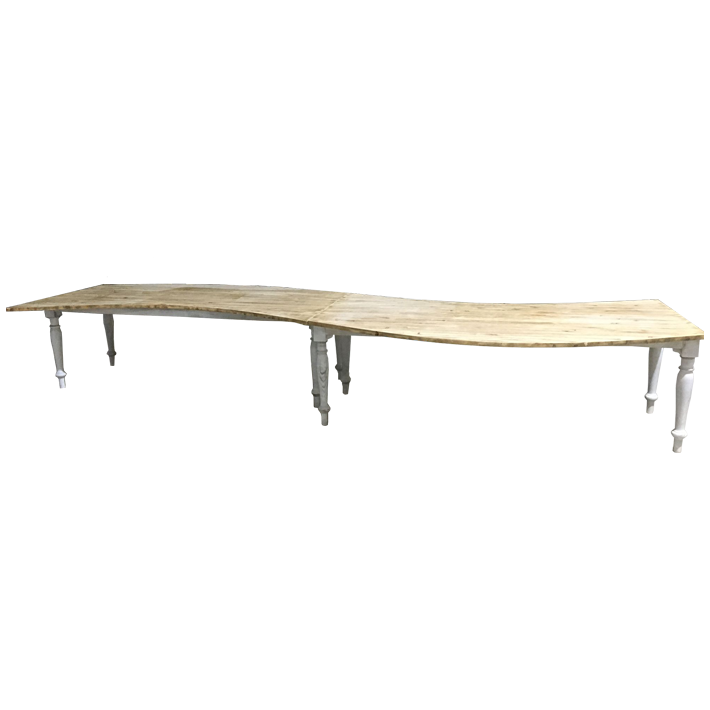 Mesa Serpentina fabricada de madera de pino personalizable para eventos y hostelería 