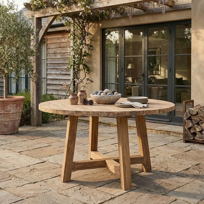 Alt Mesa Comedor Orlando Teka Redonda fabricada en madera maciza es perfecta para los que buscan una mesa de comedor que realce la belleza de la madera
