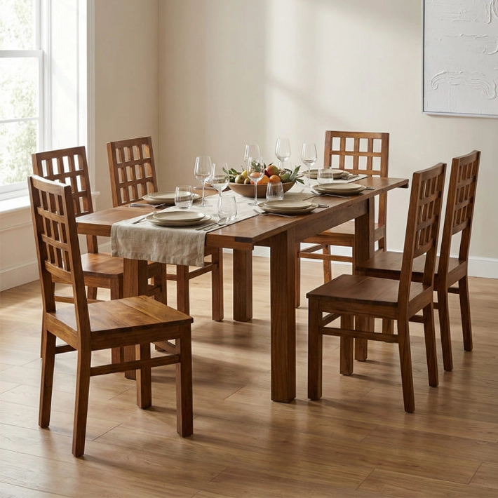 Alt Mesa Comedor Star Extensible perfecta para usar en diferentes medidas, fabricada en madera de mindi con acabado brillo en color nogal