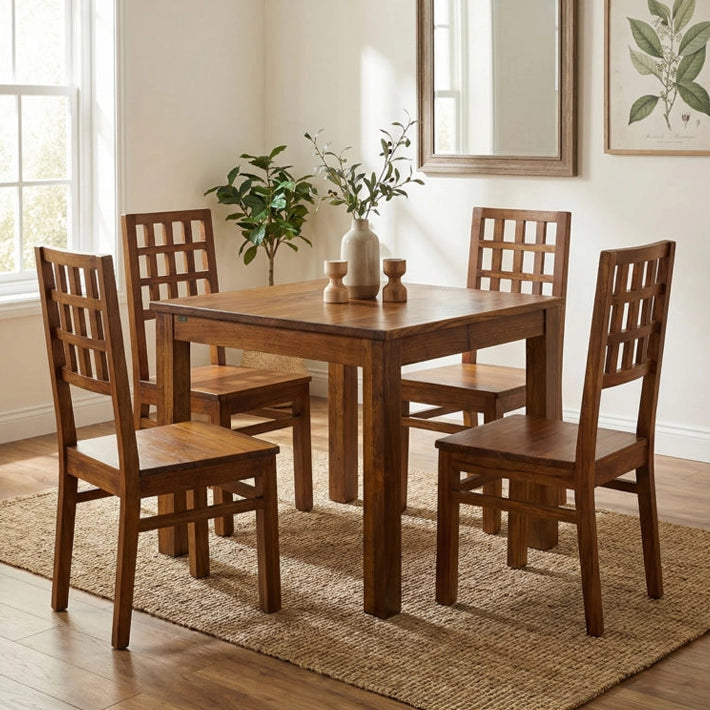 Alt Mesa Comedor Star fabricada en madera de mindi de forma artesanal con un acabado brillo en color nogal