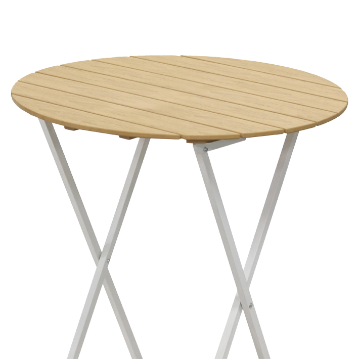 Alt Mesa Alta Mallorca Redonda Blanca fabricada con tablero redondo de madera en color natural y estructura de acero en color blanco EME Mobiliario 